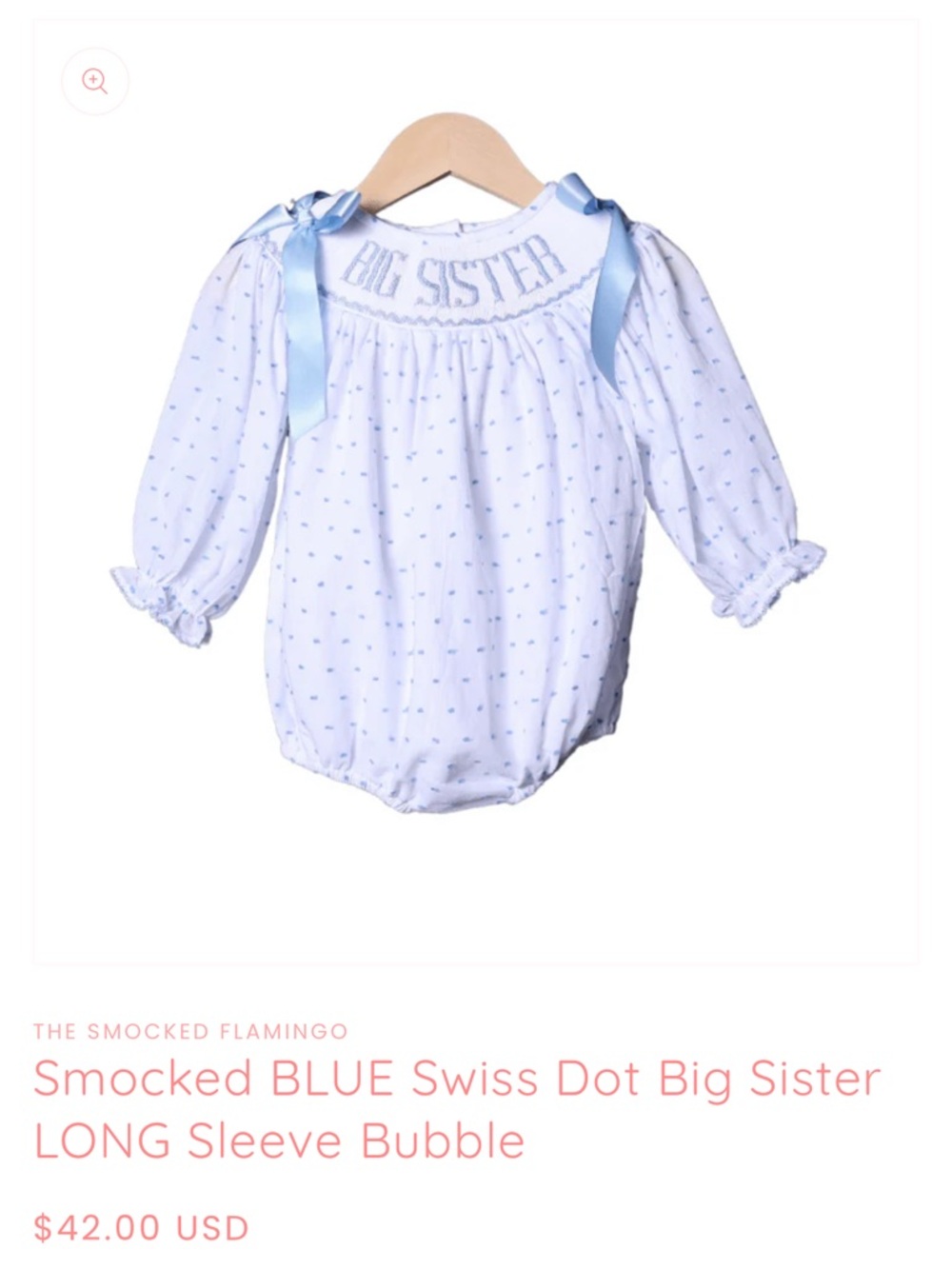 Smocked Blue Swiss Dot "Big Sister" Long Sleeve Bubble Romper